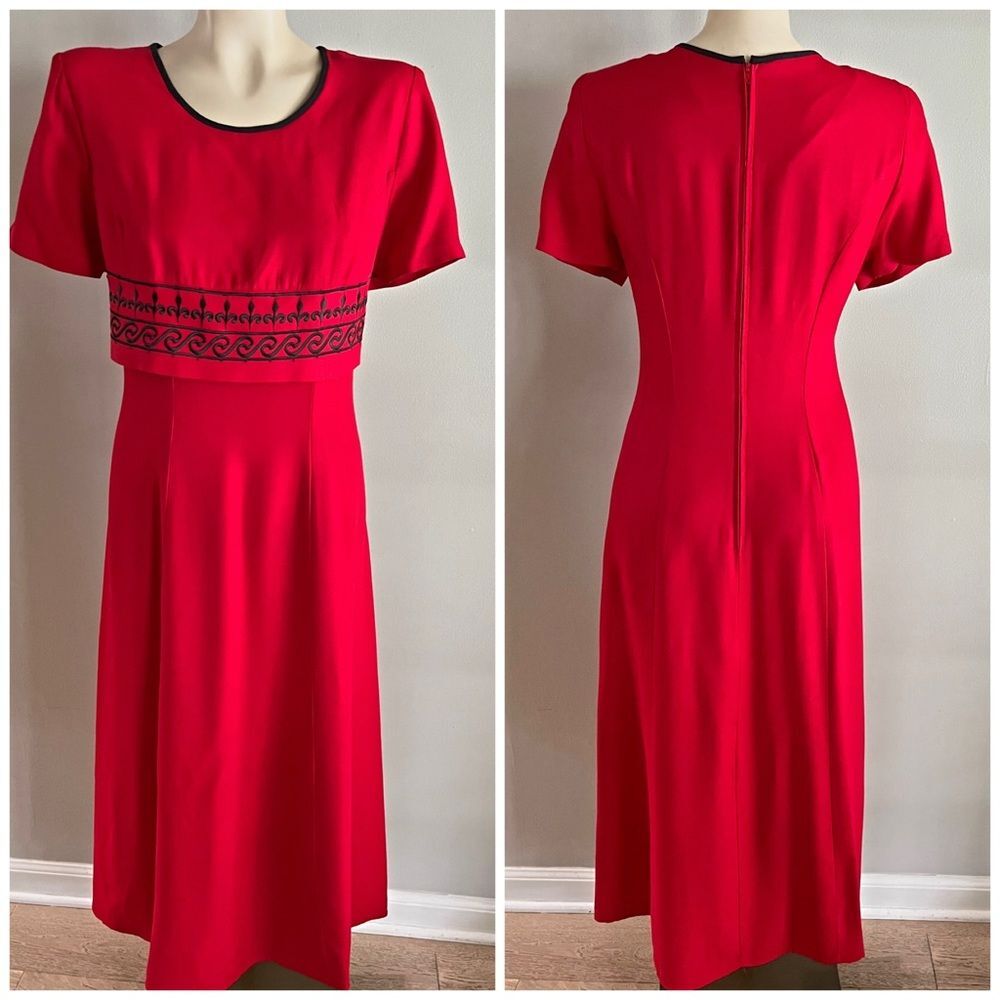 Vintage 90s Red Midi Dress M L Black Embroidered Waist Short Sleeve